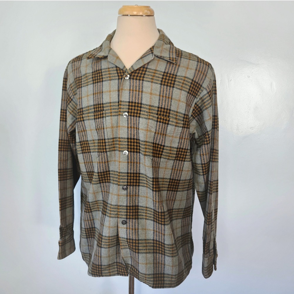 Skyline Seattle Mens L Vintage 50s 100% Virgin Wool Plaid Camp Collar Shirt Gray